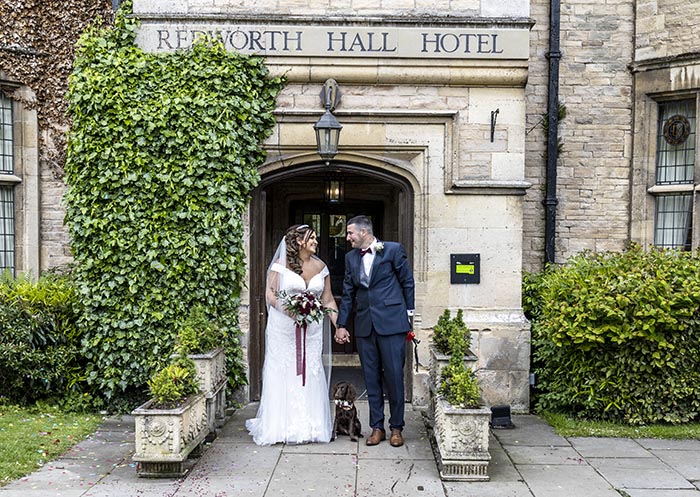 The door way of Redworth hall on a wedding day